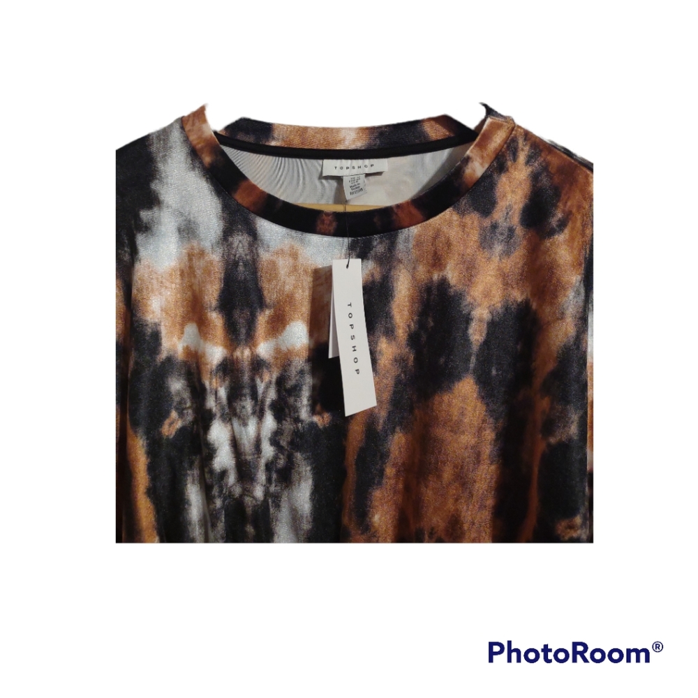 Topshop Women's Tie Dye Long Sleeve Stretch Velvet Top In Orange Multi - Picture 4 of 6